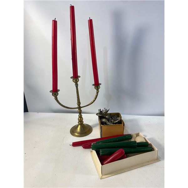 Brass Candelabra & Candle Lot