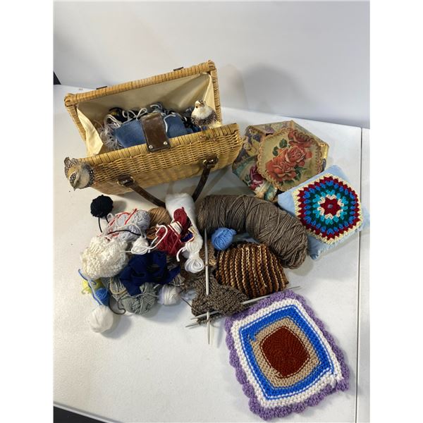 Craft Basket & Yarn Lot