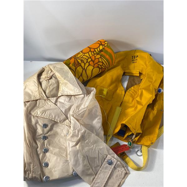 Vintage Rain Jacket, Pillow & Blowup Life Jacket Lot