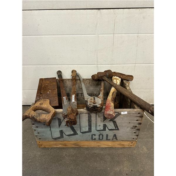 Kik Cola Wooden Crate with Assorted Vintage Tools