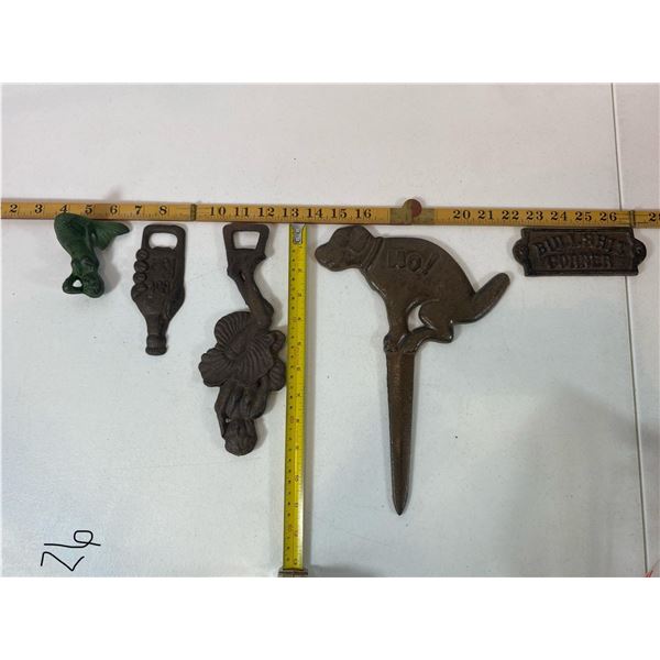 Cast Iron Humorous & Figurative Lot: Bottle Openers, Mermaid & Dog Stake