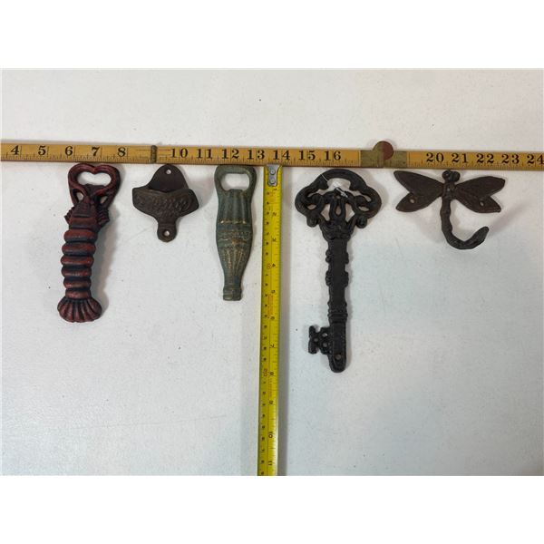 Cast Iron Decorative Lot: Bottle Openers, Key Hook & Dragonfly Hook