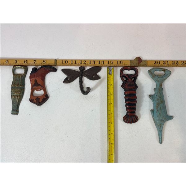 Cast Iron Bottle Opener & Hook Lot: Lobster, Boot, Dragonfly & Fish