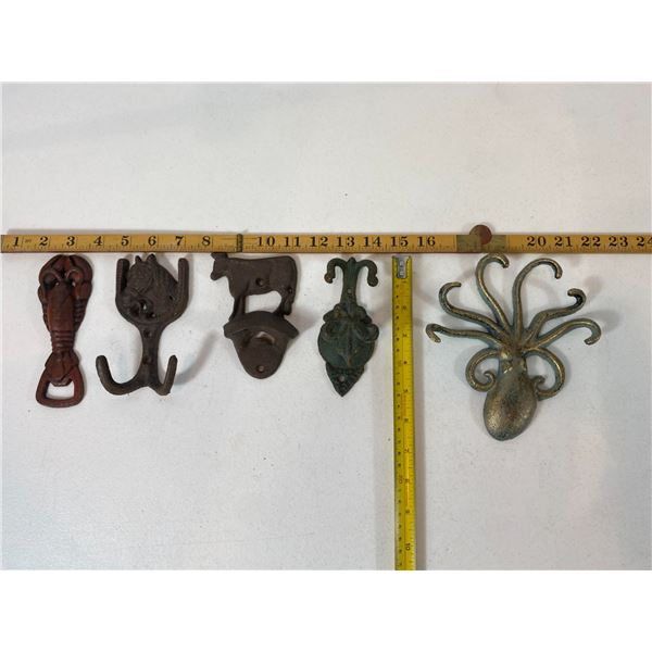 Cast Iron Hooks & Bottle Openers Lot: Lobster, Cow, Octopus & Decorative Hooks