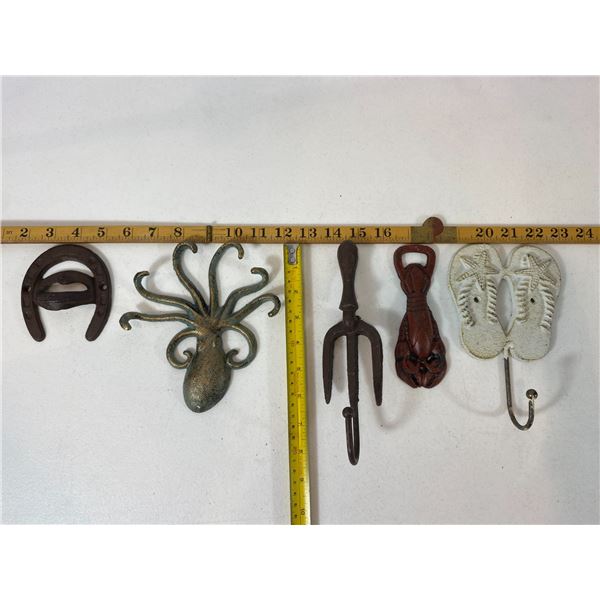 Cast Iron Coastal & Western Lot: Octopus Hook, Lobster Opener, Flip-Flop Hook & Horseshoe
