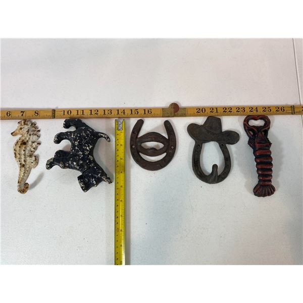 Cast Iron Western & Coastal Lot: Seahorse, Scottie Dog, Horseshoe Hooks & Lobster Opener