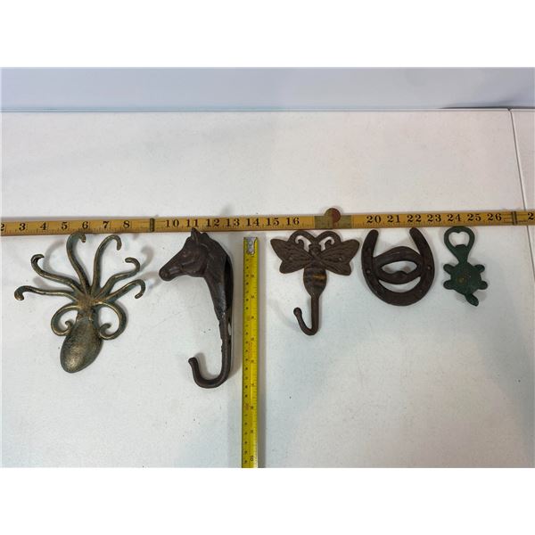 Cast Iron Mixed Hook Lot: Octopus, Horse, Butterfly, Turtle & Horseshoe