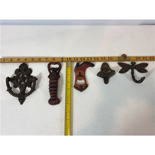 Cast Iron Western & Decorative Lot: Star Knocker, Boot & Lobster Openers, Dragonfly Hook