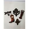 Image 4 : Cast Iron Western & Decorative Lot: Star Knocker, Boot & Lobster Openers, Dragonfly Hook