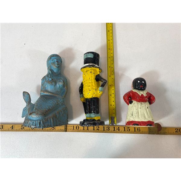 Cast Iron Figurine Trio “ Lady, MR Peanut, and Mermaid