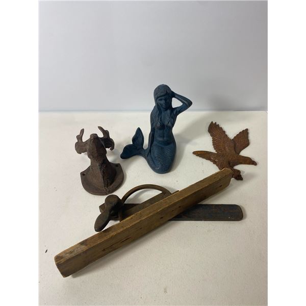 Cast Iron Mixed Lot “ Moose Head, Mermaid, Eagle, and Tool