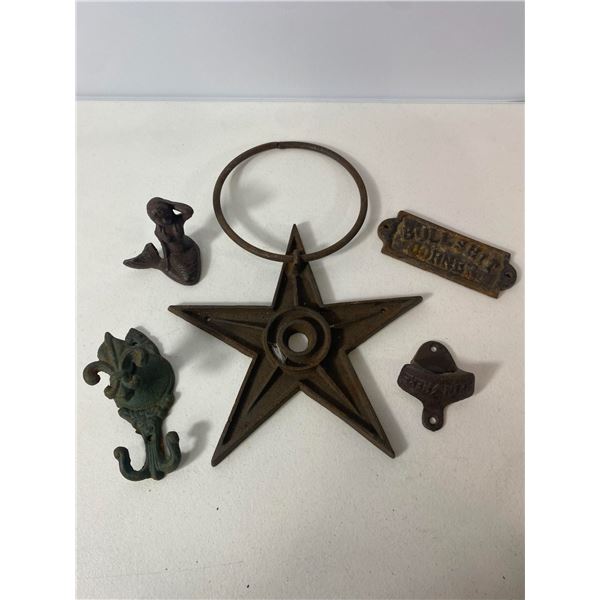 Small Cast Iron Decor Lot: Mermaid, Star and Hooks