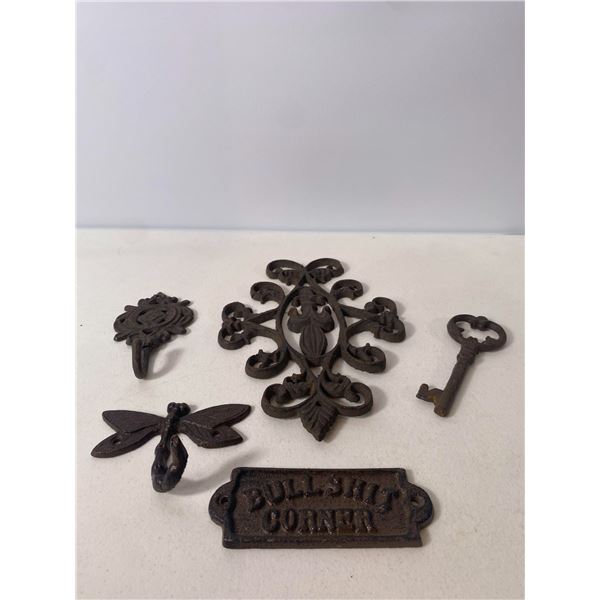 Cast Iron Decorative Lot: Plaque, Key, Hooks and Humorous Sign