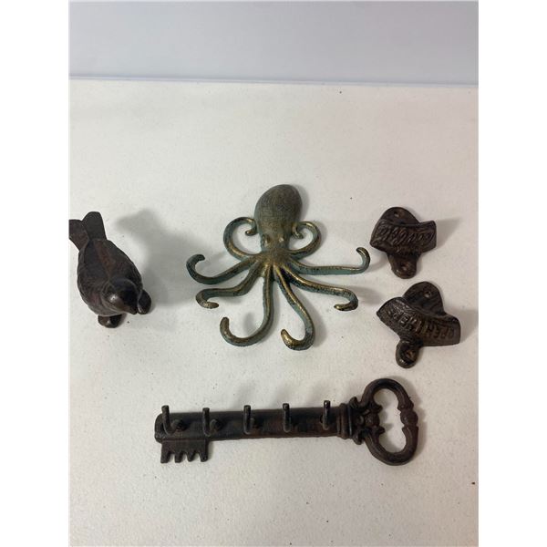 Cast Iron Decorative Lot: Octopus Hook, Bird Figure, Key Rack and Openers