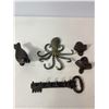 Image 1 : Cast Iron Decorative Lot: Octopus Hook, Bird Figure, Key Rack and Openers