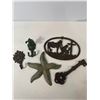 Image 1 : Cast Iron Decorative Lot: Starfish Plaque, Key, Hooks and Horse Scene