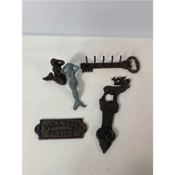 Cast Iron Decorative Lot: Mermaid Figures, Key Rack, Elk Hook and Novelty Sign