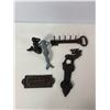 Image 1 : Cast Iron Decorative Lot: Mermaid Figures, Key Rack, Elk Hook and Novelty Sign