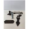 Image 3 : Cast Iron Decorative Lot: Mermaid Figures, Key Rack, Elk Hook and Novelty Sign