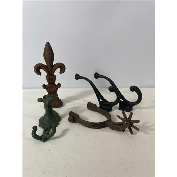 Cast Iron Decorative Lot: Spurs, Fleur-de-Lis Finial and Wall Hooks