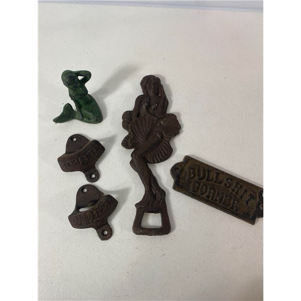 Cast Iron Decorative Lot: Mermaid Figures, Bottle Openers and Novelty Sign