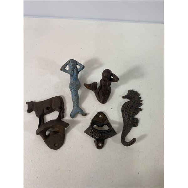Cast Iron Decorative Lot: Mermaid Figures, Seahorse Hook and Bottle Openers