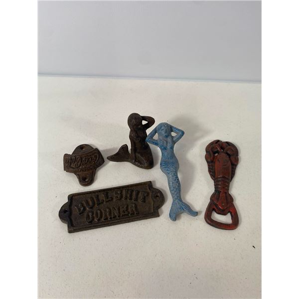 Cast Iron Decorative Lot: Mermaid Figures, Lobster Opener and Novelty Sign