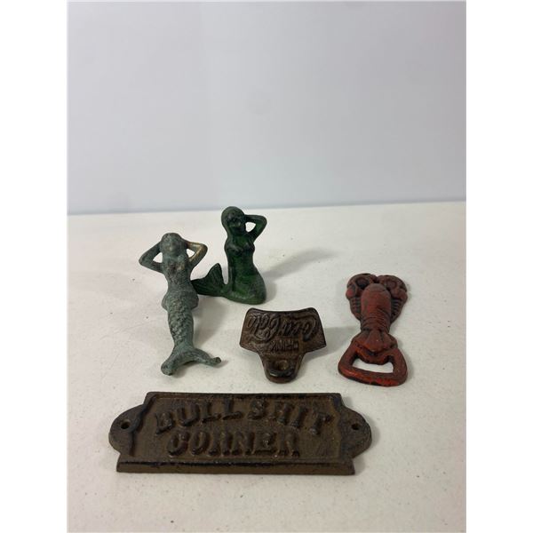 Cast Iron Decorative Lot: Mermaid Figures, Lobster Opener and Novelty Sign