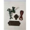 Image 3 : Cast Iron Decorative Lot: Mermaid Figures, Lobster Opener and Novelty Sign