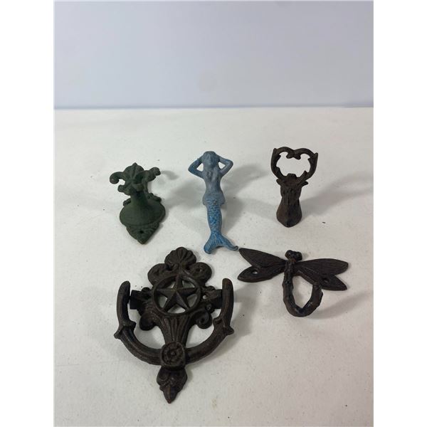 Cast Iron Decorative Lot: Hooks, Mermaid Figure and Star Door Knocker