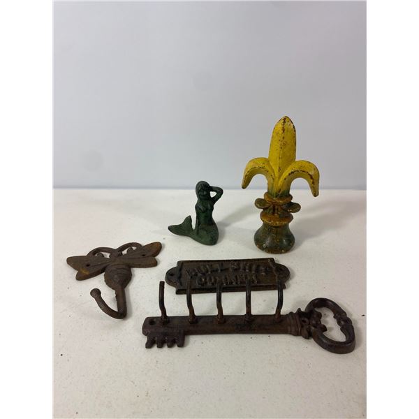 Cast Iron Decorative Lot: Mermaid Figure, Fleur-de-Lis, Dragonfly Hook and Key Rack