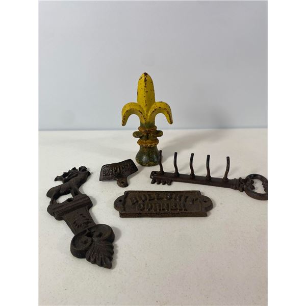 Cast Iron Decorative Lot: Fleur-de-Lis, Key Rack, Elk Hook and Bottle Opener