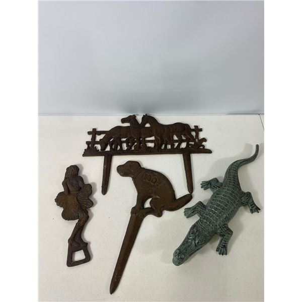 Cast Iron Lot: Alligator Figure, Horse Fence Plaque, Dog Yard Stake and Lady Opener