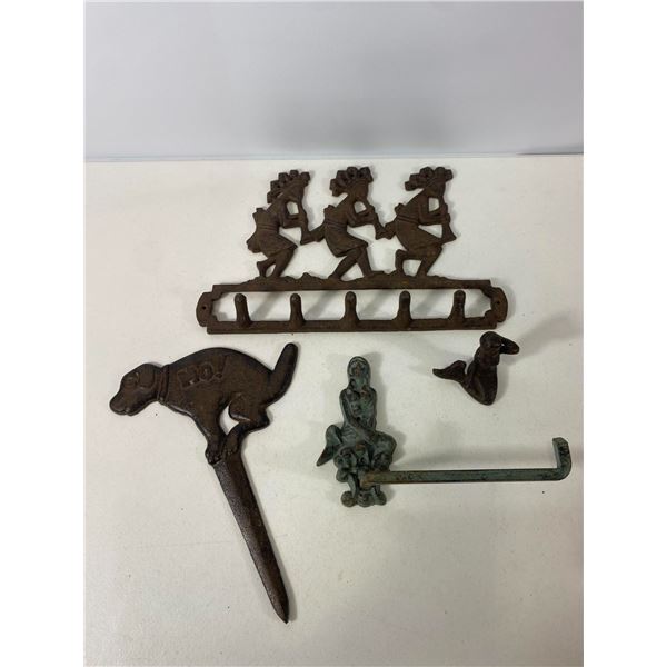Cast Iron Lot: Kokopelli Rack, Dog Yard Stake and Mermaid Hooks
