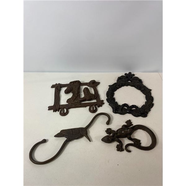 Cast Iron Decorative Set - Lizard Hook, Western Boots Rack, Wreath Plaque & Bird Hook