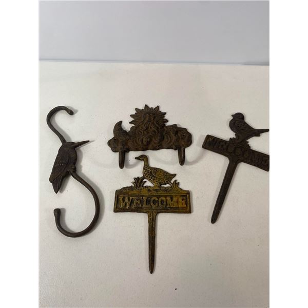 Cast Iron Garden & Wall Decor Lot: Welcome Stakes & Hooks