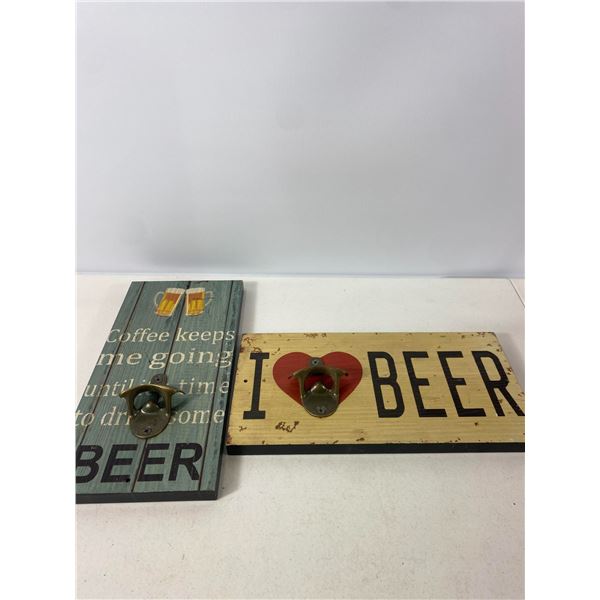 Pair of Wall-Mount Beer Bottle Openers - "Coffee Keeps Me Going" & "I Love Beer"