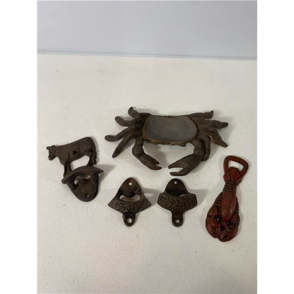 Cast Iron Novelty Bottle Opener Lot: Crab, Cow & Wall-Mount Styles
