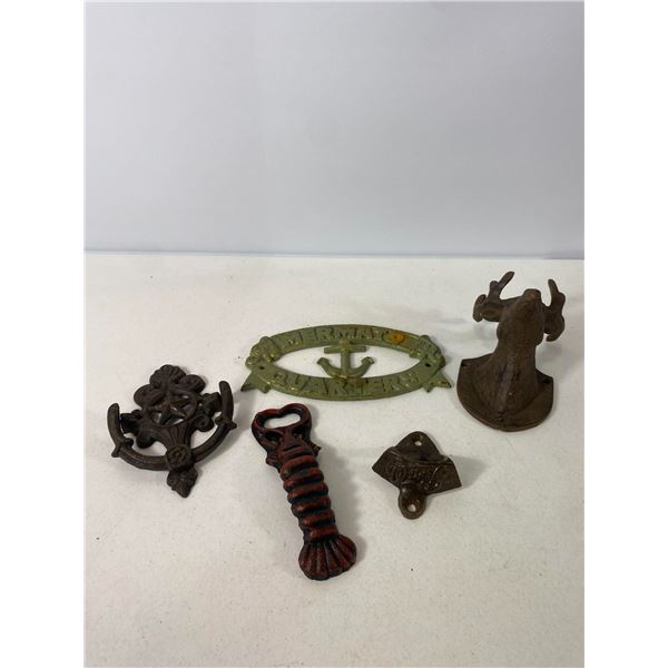 Cast Iron Decorative & Bottle Opener Lot: Mermaid Sign, Deer Mount & More