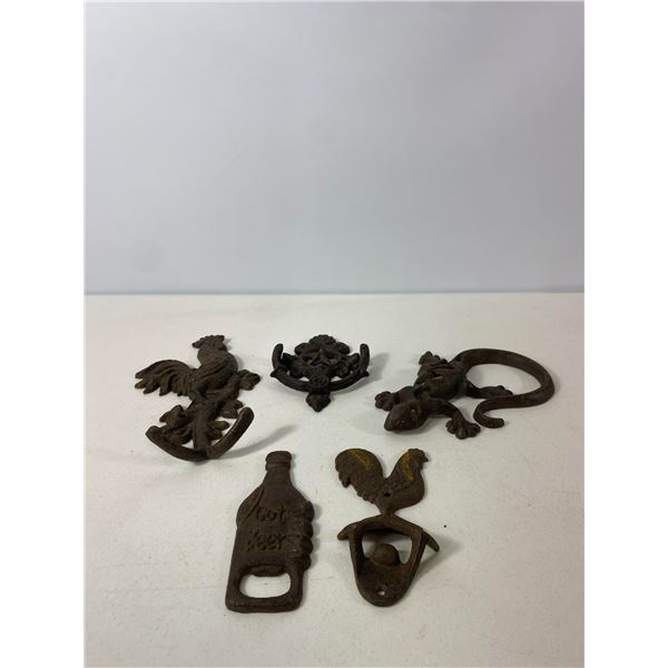 Cast Iron Decorative Lot: Rooster Hooks, Lizard, Bottle Openers & Wall Hook