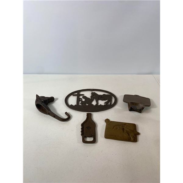 Cast Iron Western & Novelty Lot: Cowboy Scene, Bottle Opener & Wall Hooks