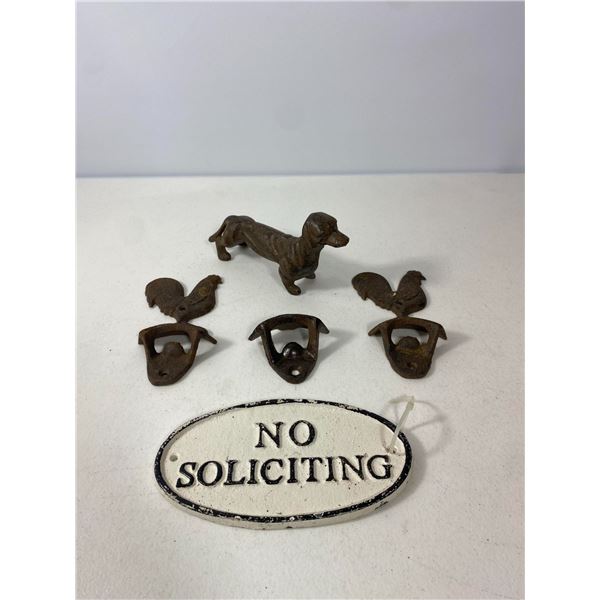 Cast Iron Lot: Dachshund Figure, Rooster Openers, Pepsi Opener & "No Soliciting" Sign