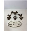 Image 1 : Cast Iron Lot: Dachshund Figure, Rooster Openers, Pepsi Opener & "No Soliciting" Sign