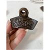 Image 7 : Cast Iron Lot: Dachshund Figure, Rooster Openers, Pepsi Opener & "No Soliciting" Sign