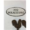 Image 9 : Cast Iron Lot: Dachshund Figure, Rooster Openers, Pepsi Opener & "No Soliciting" Sign