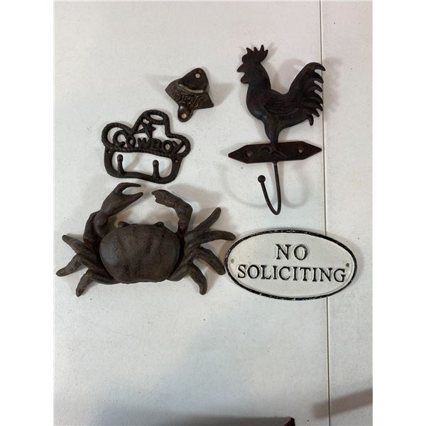 Cast Iron Lot: Crab Figure, Cowboy Hat Rack, Rooster Hook & Pepsi Opener