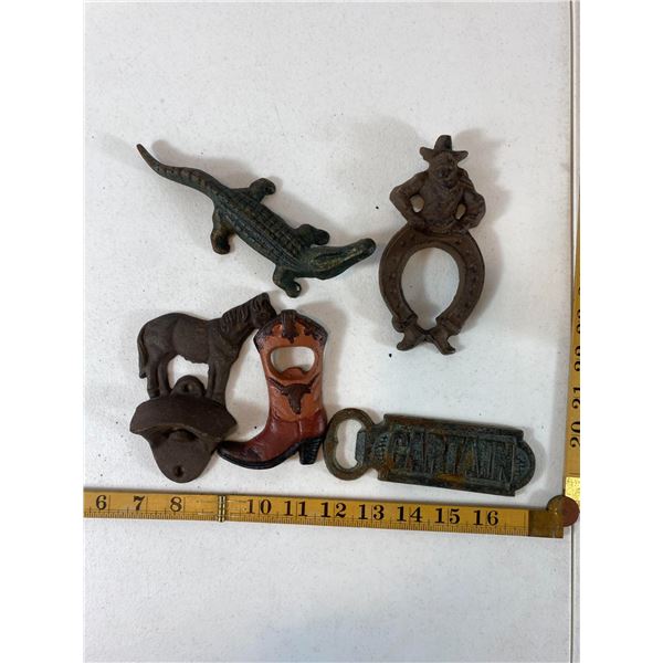 Cast Iron Western & Novelty Lot: Cowboy Ring, Captain Opener, Boot Opener, Gator & Horse