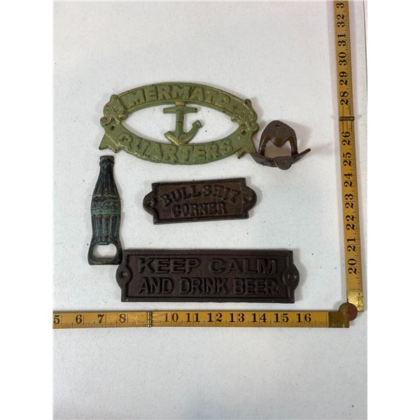 Group of Cast Iron Signs and Bottle Openers
