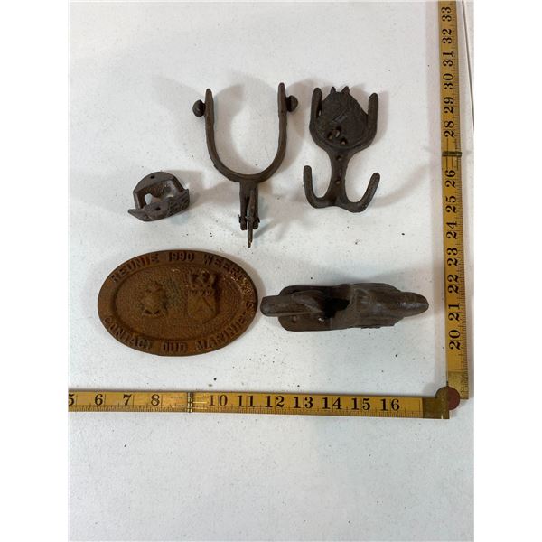 Cast Iron Spurs, Hooks and Oval Plaque Group
