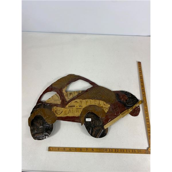 Folk Art Metal Car Wall Hanging - Upcycled License Plate Style